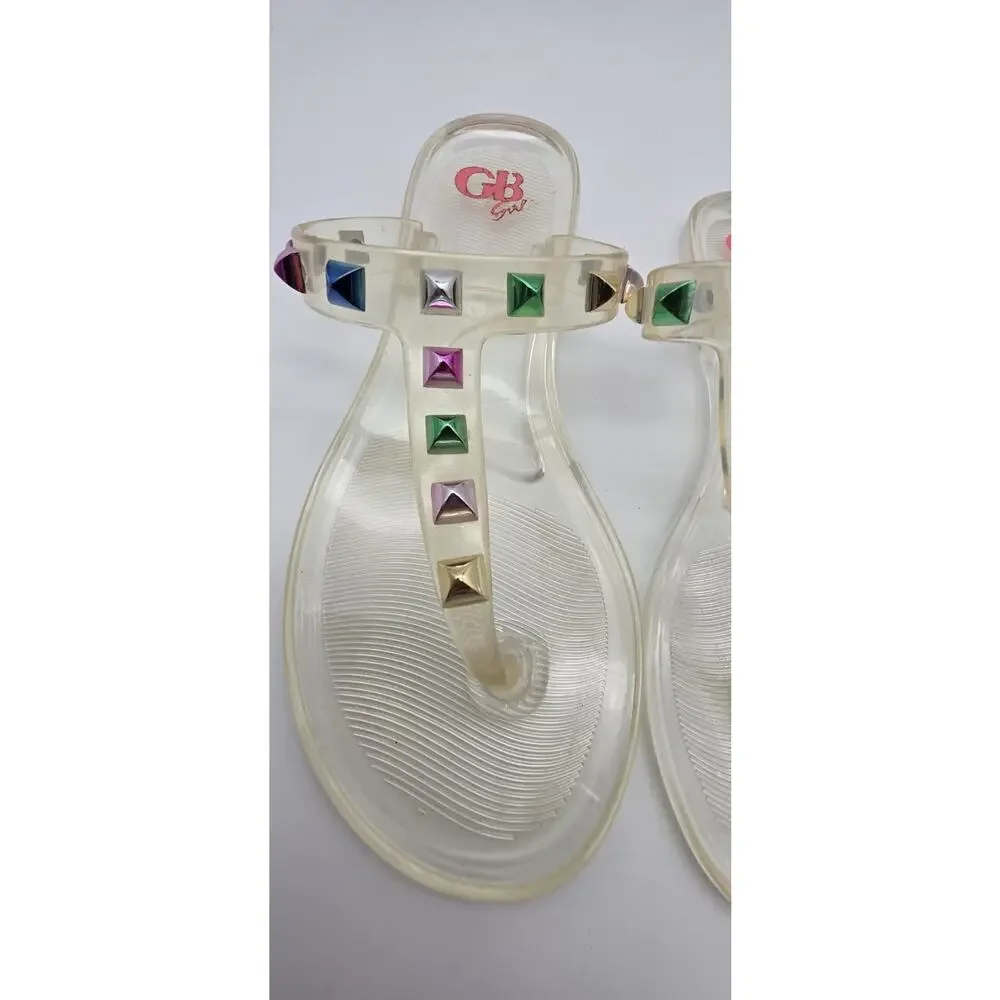 GB Girls Clear Jelly Sandals Size 1M Multicolor Studded T-Strap Flip Flops